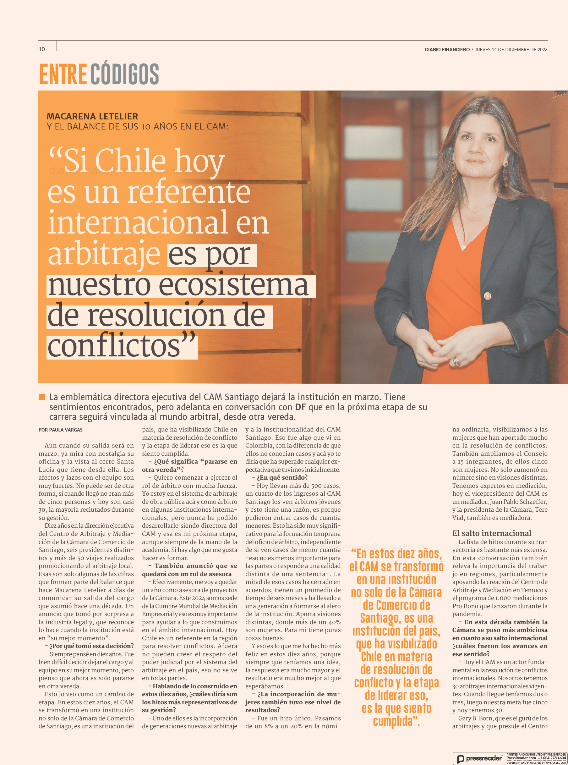 [Diario Financiero] Macarena Letelier y el balance de sus 10 años en el CAM: “Si Chile hoy es un referente internacional en arbitraje es por nuestro ecosistema de resolución de conflictos”