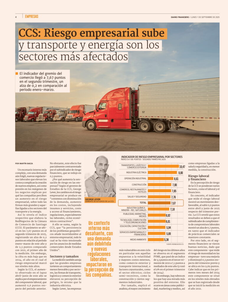 CCS: Riesgo empresarial sube y transporte y energía son los sectores más afectados