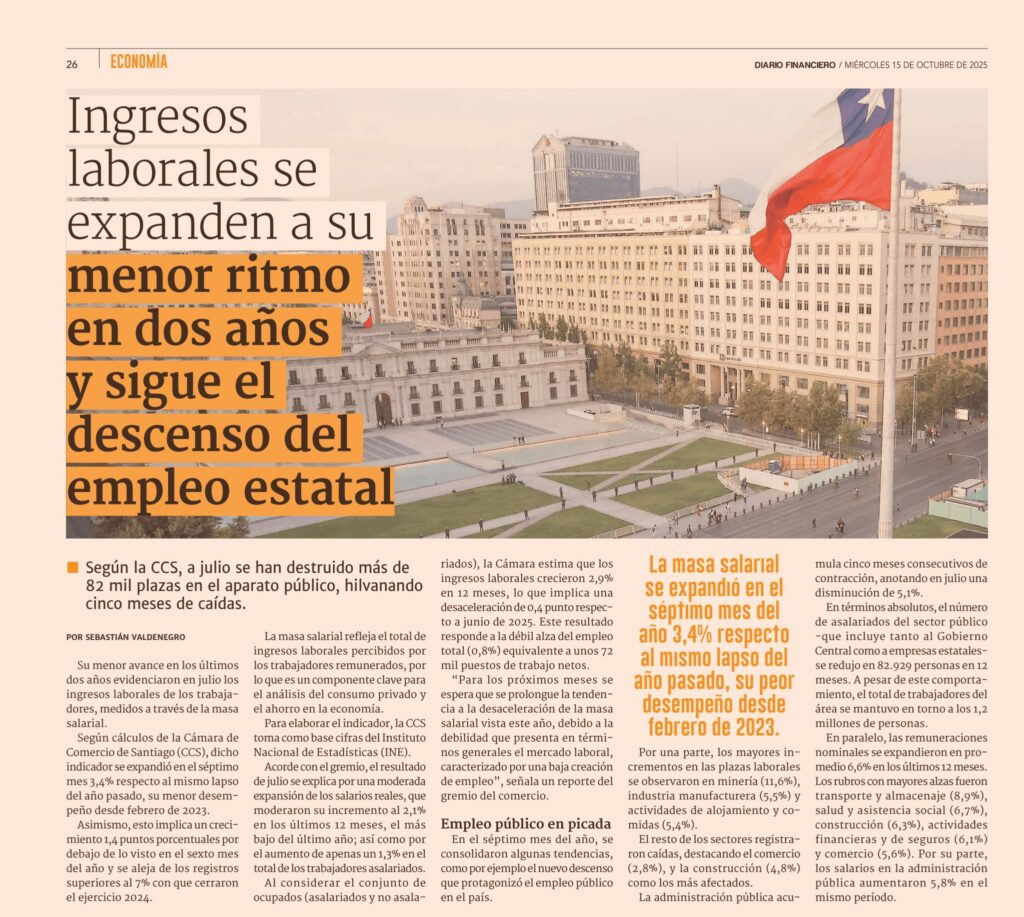 Ingresos laborales se expanden a su menor ritmo en dos años y sigue el descenso del empleo estatal
