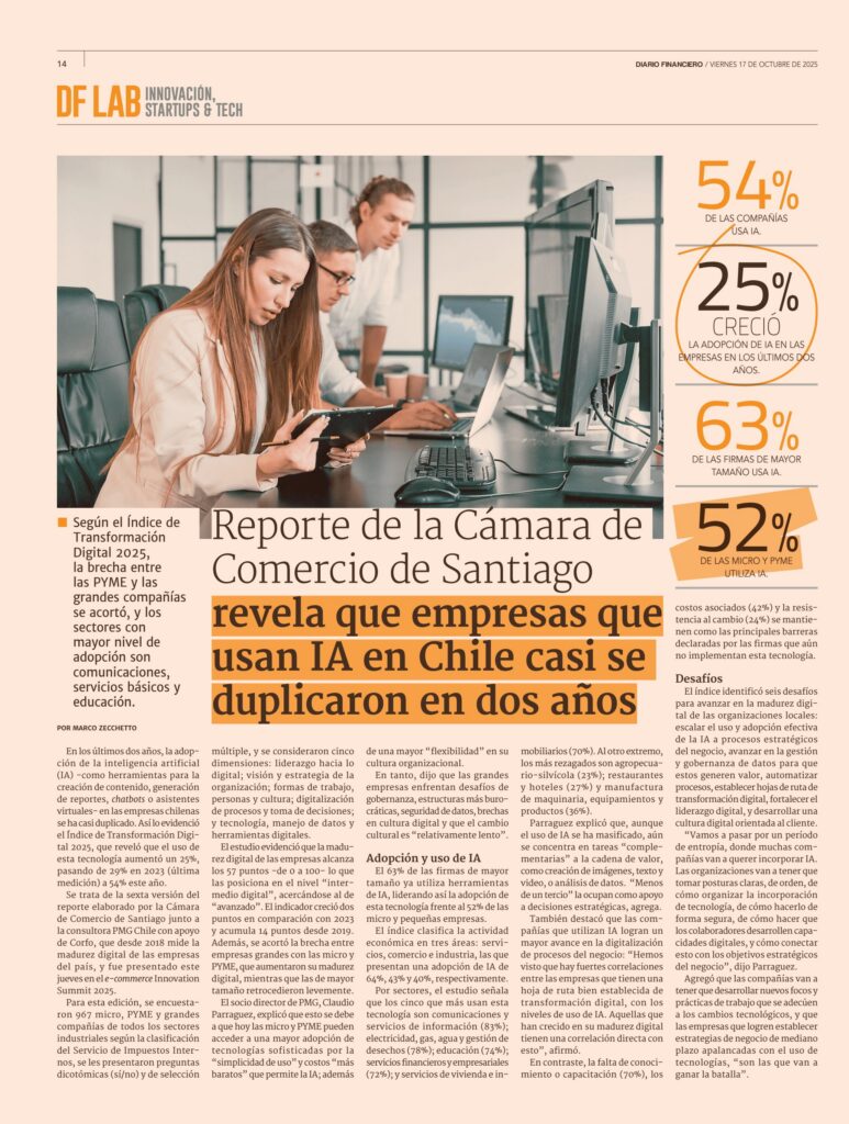 Reporte de la Cámara de Comercio de Santiago revela que empresas que usan IA en Chile casi se duplicaron en dos años