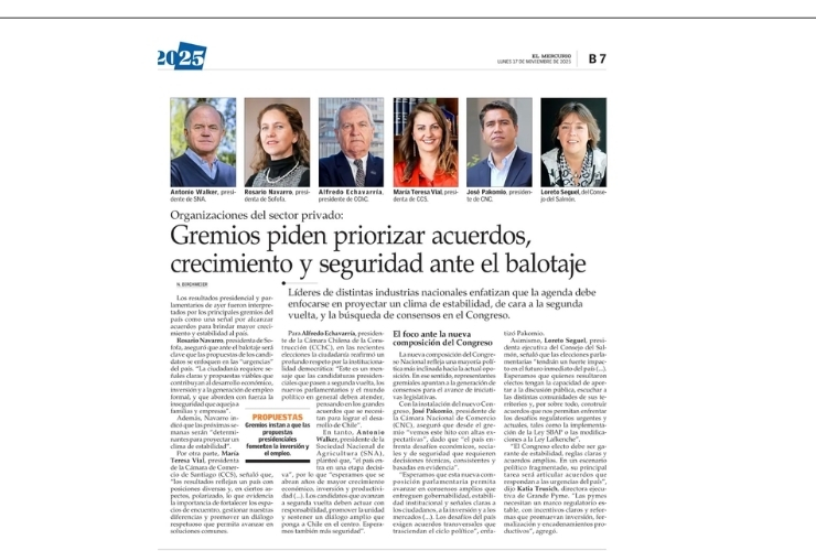 Gremios piden priorizar acuerdos, crecimiento y seguridad ante el balotaje